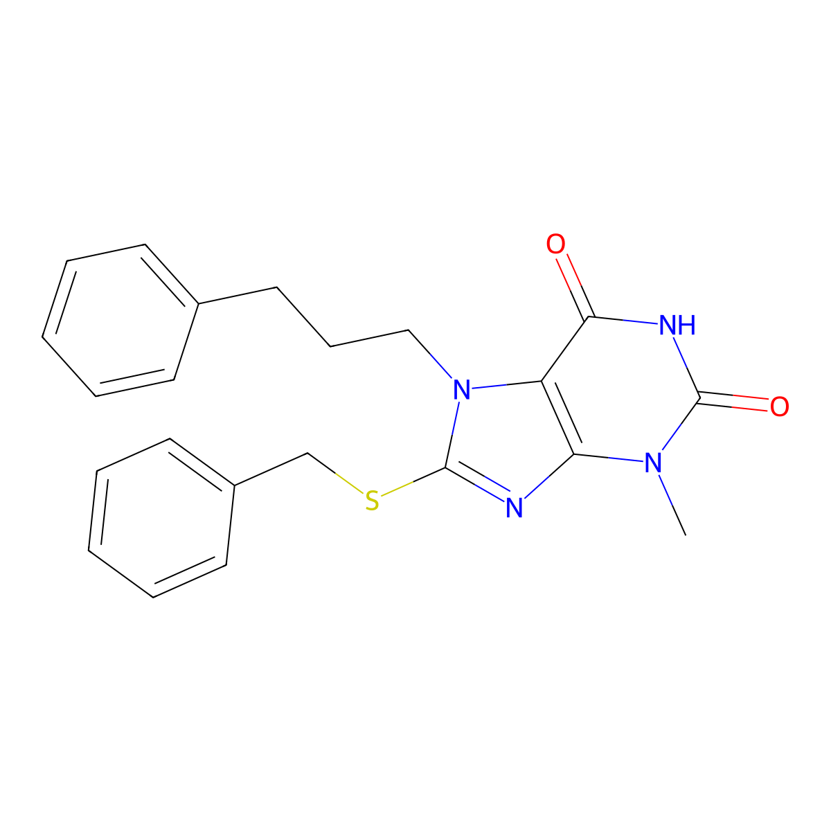 8-(benzylsulfanyl)-3-methyl-7-(3-phenylpropyl)-3,7-dihydro-1H-purine-2,6-dione molecular structure, CAS 328069-72-3