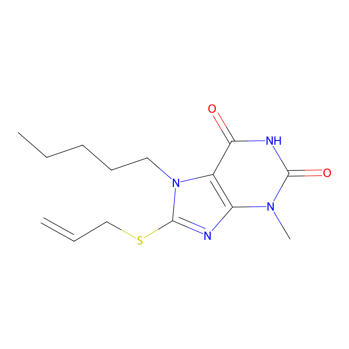 3-Methyl-7-pentyl-8-prop-2-enylsulfanylpurine-2,6-dione molecular structure, CAS 328069-73-4