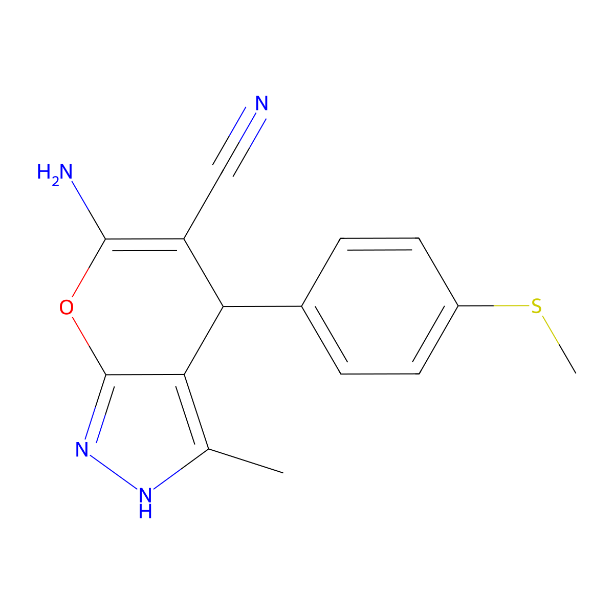 6-Amino-3-methyl-4-[4-(methylsulfanyl)phenyl]-1,4-dihydropyrano[2,3-c]pyrazole-5-carbonitrile molecular structure, CAS 328069-74-5