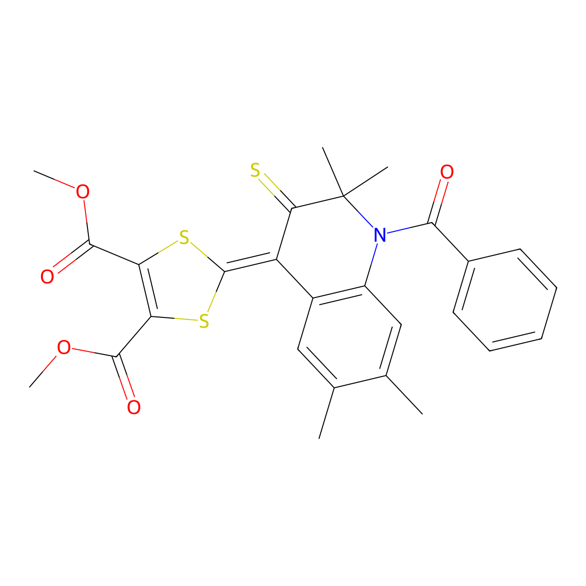 Dimethyl 2-(1-benzoyl-2,2,6,7-tetramethyl-3-sulfanylidenequinolin-4-ylidene)-1,3-dithiole-4,5-dicarboxylate molecular structure, CAS 328069-86-9