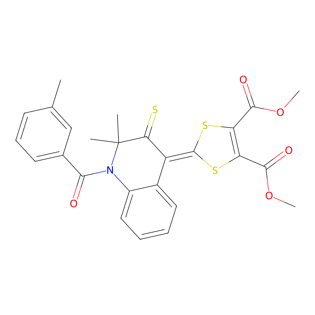 Dimethyl 2-[2,2-dimethyl-1-(3-methylbenzoyl)-3-sulfanylidenequinolin-4-ylidene]-1,3-dithiole-4,5-dicarboxylate molecular structure, CAS 328069-89-2