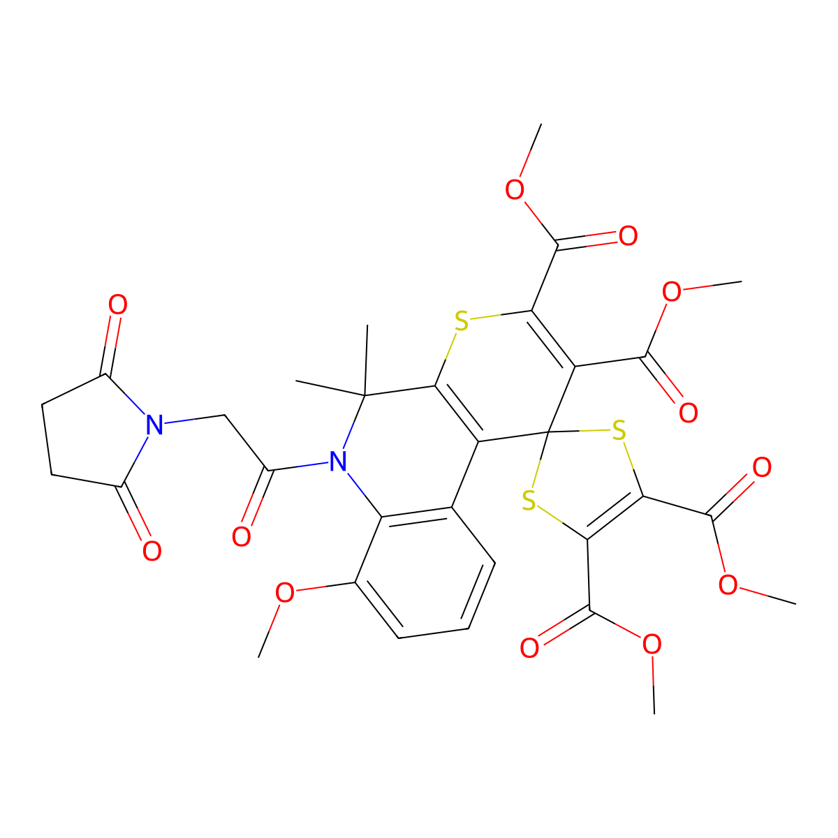 Tetramethyl 6'-(2-(2,5-dioxopyrrolidin-1-yl)acetyl)-7'-methoxy-5',5'-dimethyl-5',6'-dihydrospiro[[1,3]dithiole-2,1'-thiopyrano[2,3-c]quinoline]-2',3',4,5-tetracarboxylate molecular structure, CAS 328069-91-6