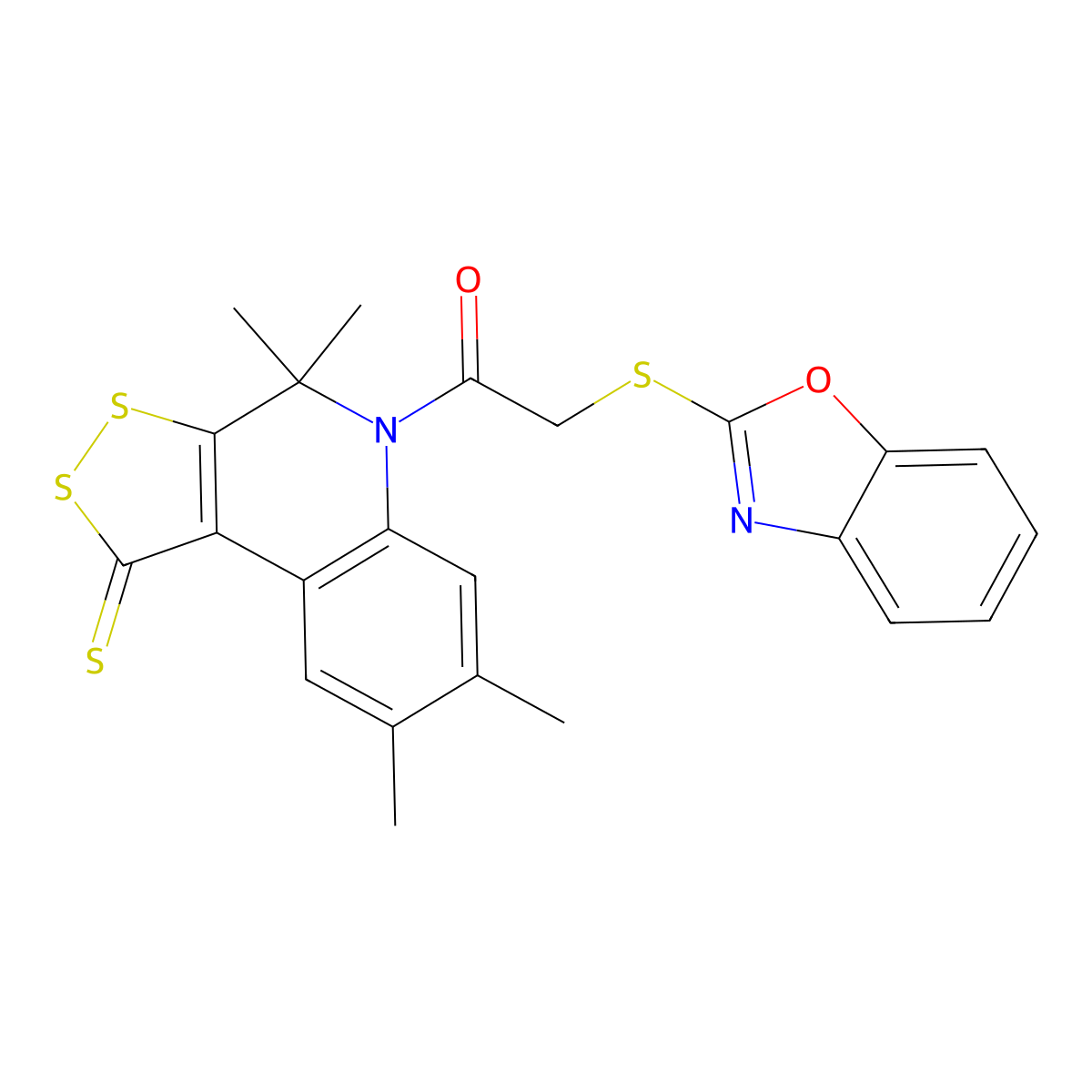 2-(1,3-Benzoxazol-2-ylsulfanyl)-1-(4,4,7,8-tetramethyl-1-sulfanylidenedithiolo[3,4-c]quinolin-5-yl)ethanone molecular structure, CAS 328070-38-8