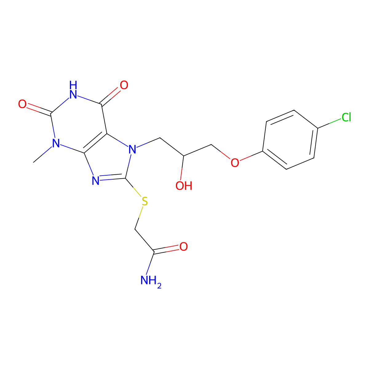 2-((7-(3-(4-chlorophenoxy)-2-hydroxypropyl)-3-methyl-2,6-dioxo-2,3,6,7-tetrahydro-1H-purin-8-yl)thio)acetamide molecular structure, CAS 328070-48-0