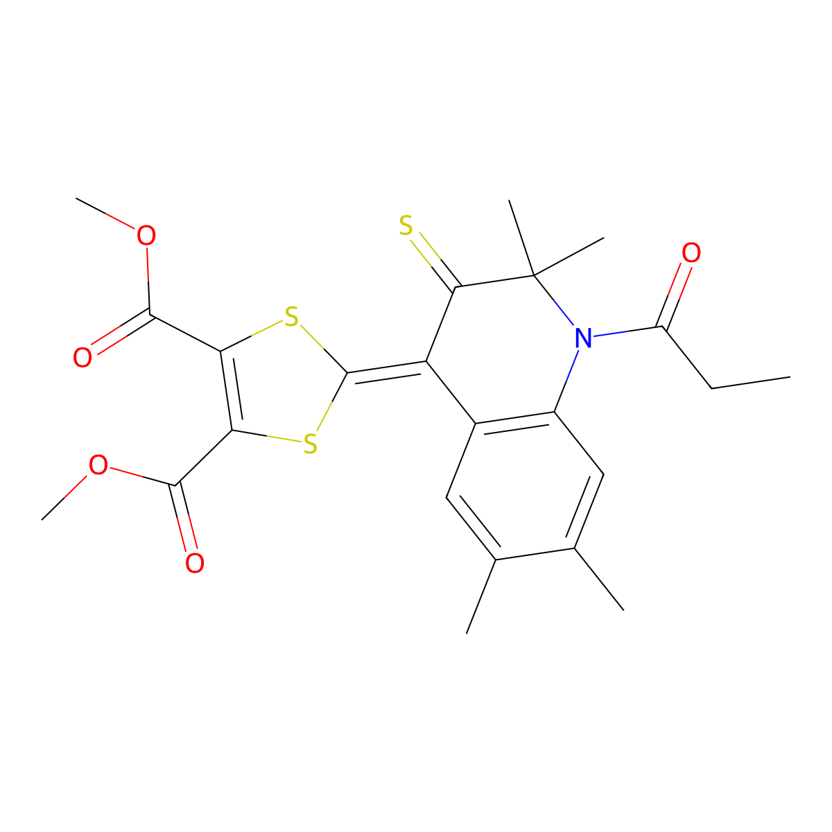 Dimethyl 2-(2,2,6,7-tetramethyl-1-propanoyl-3-sulfanylidenequinolin-4-ylidene)-1,3-dithiole-4,5-dicarboxylate molecular structure, CAS 328070-70-8