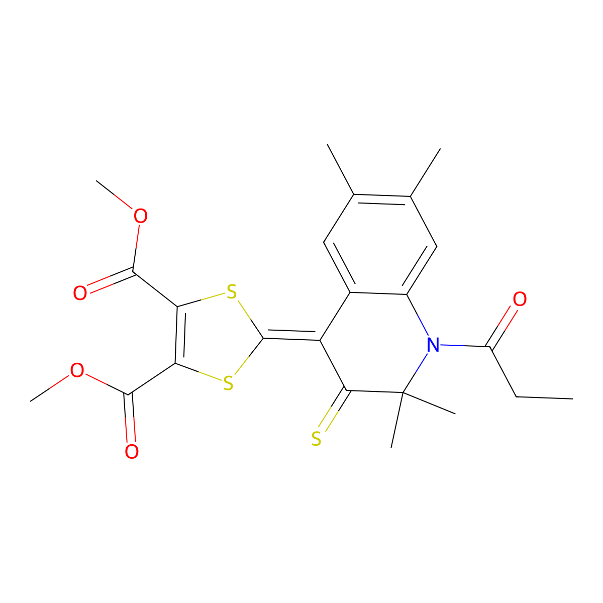 Dimethyl 2-(2,2,6,7-tetramethyl-1-propanoyl-3-sulfanylidenequinolin-4-ylidene)-1,3-dithiole-4,5-dicarboxylate molecular structure, CAS 328070-70-8