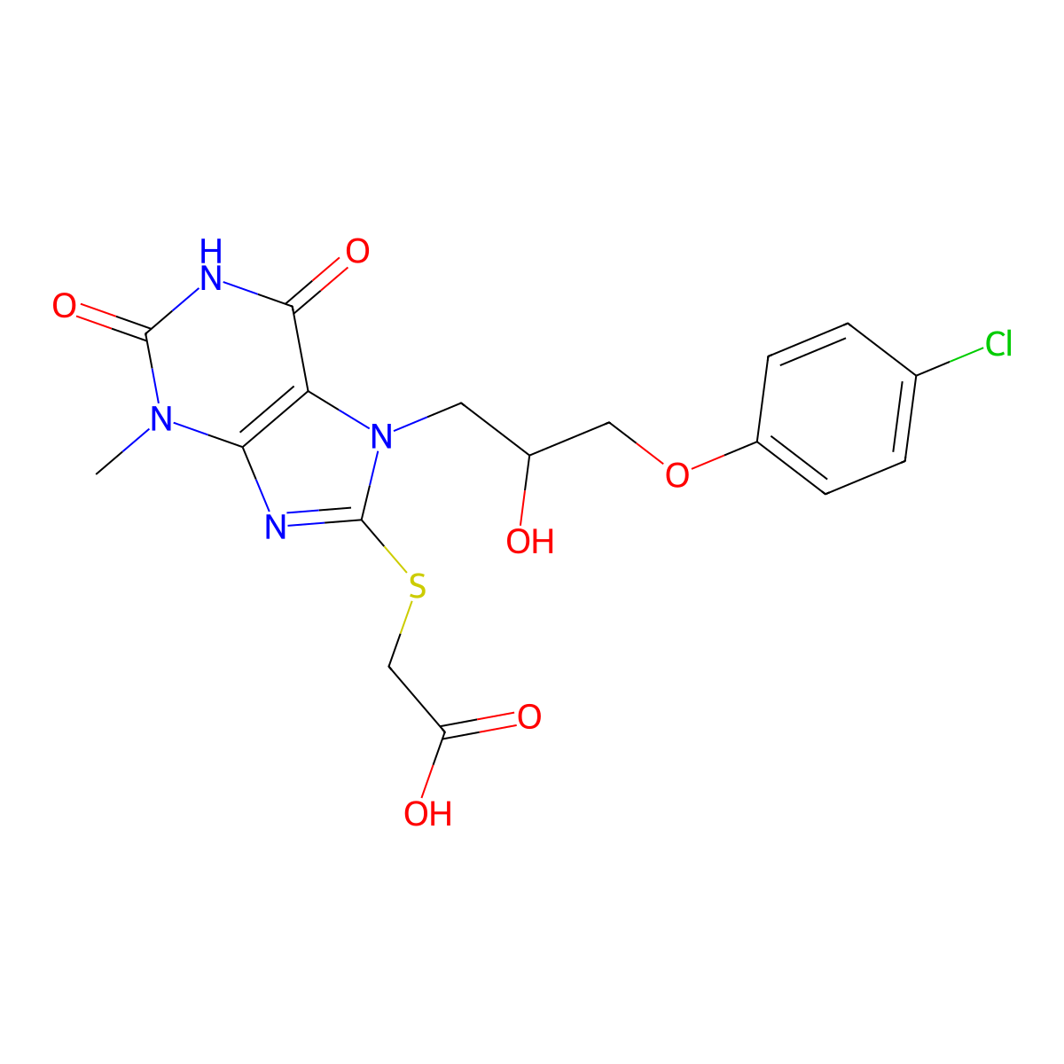 2-[7-[3-(4-Chlorophenoxy)-2-hydroxypropyl]-3-methyl-2,6-dioxopurin-8-yl]sulfanylacetic acid molecular structure, CAS 328070-84-4