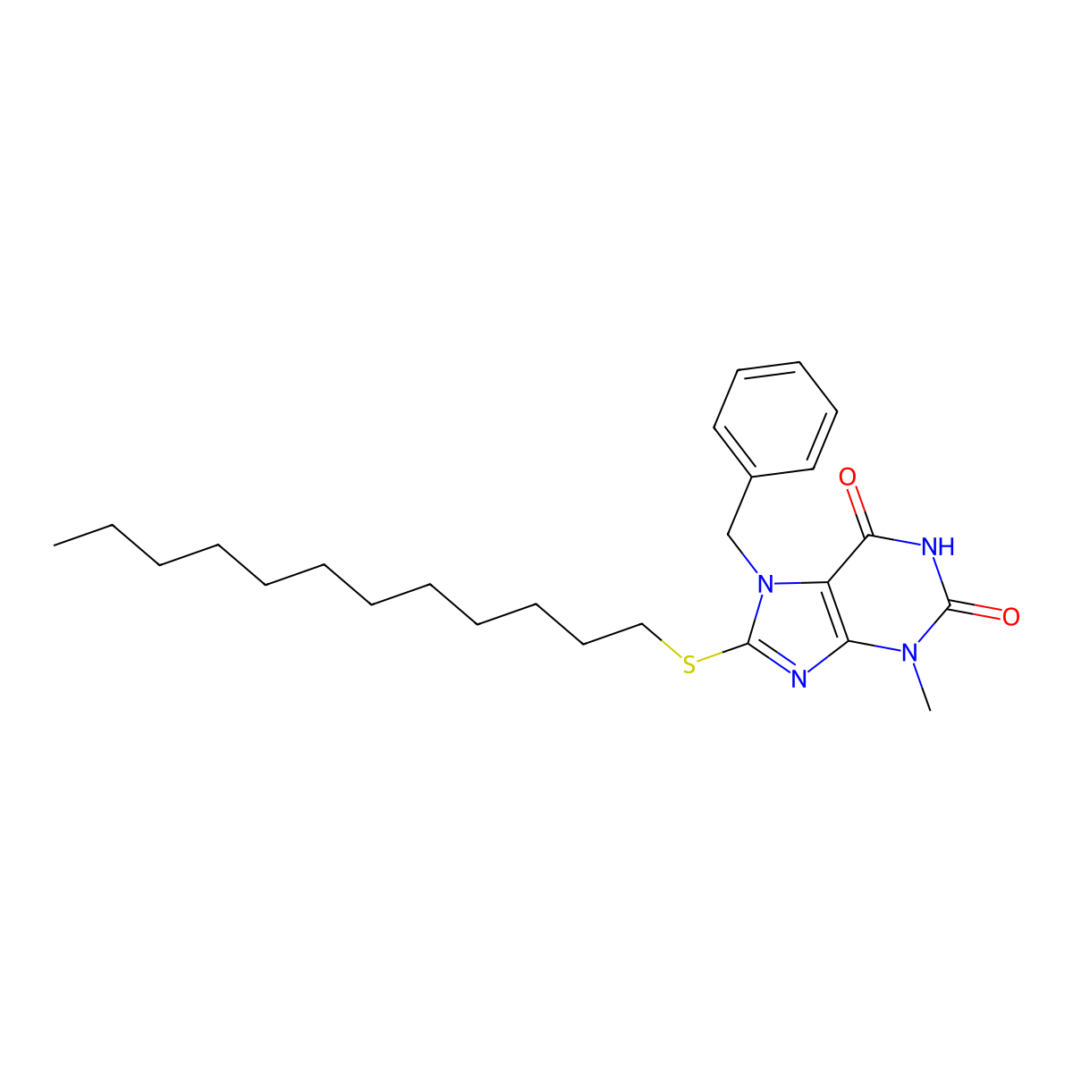 7-benzyl-8-(dodecylsulfanyl)-3-methyl-3,7-dihydro-1H-purine-2,6-dione molecular structure, CAS 328071-62-1