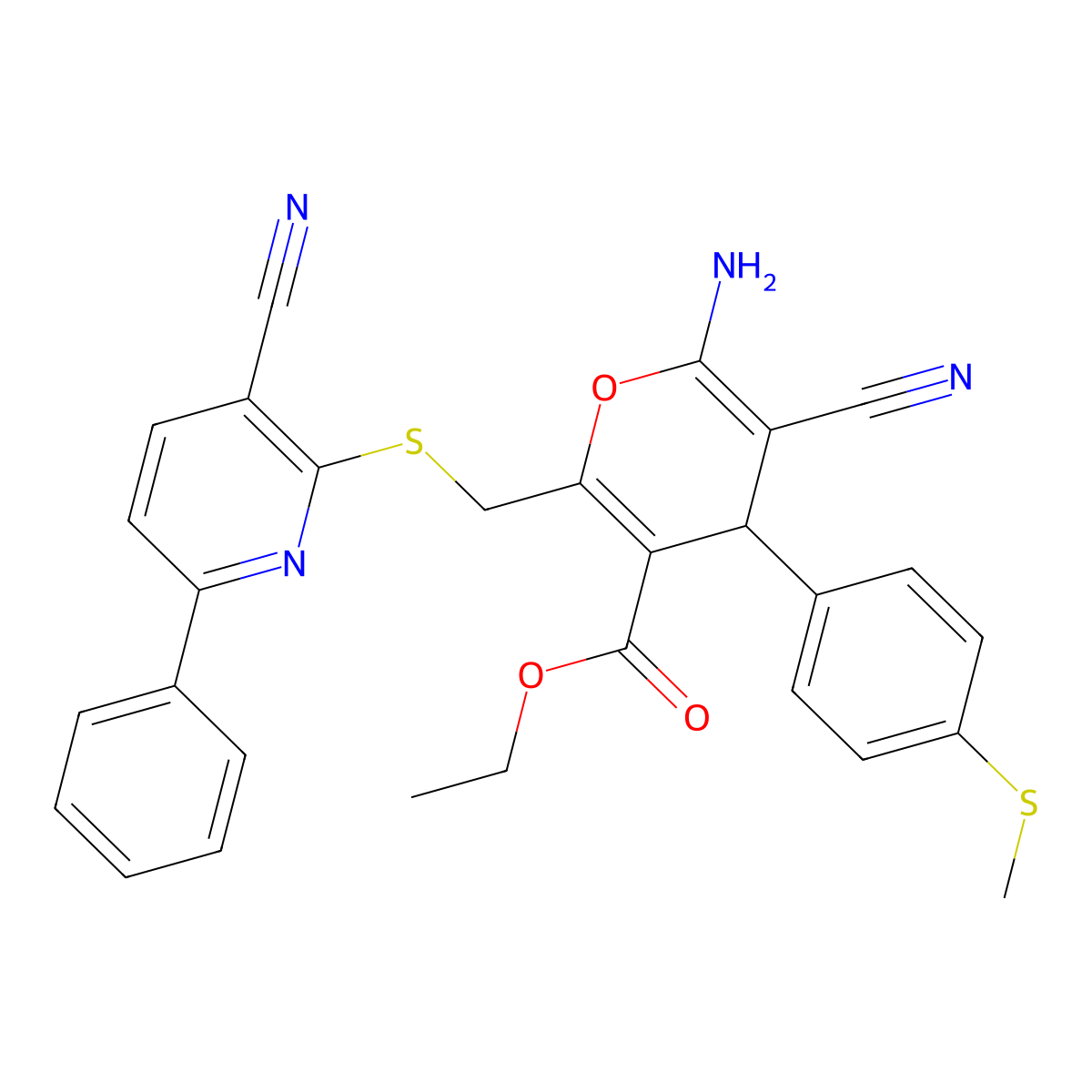 ethyl 6-amino-5-cyano-2-{[(3-cyano-6-phenylpyridin-2-yl)sulfanyl]methyl}-4-[4-(methylsulfanyl)phenyl]-4H-pyran-3-carboxylate molecular structure, CAS 328072-16-8
