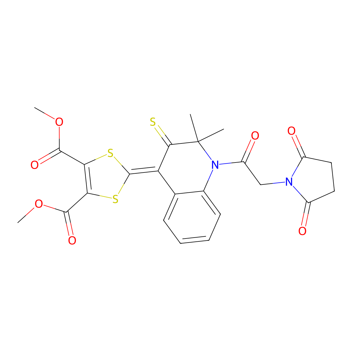 Dimethyl 2-[1-[2-(2,5-dioxopyrrolidin-1-yl)acetyl]-2,2-dimethyl-3-sulfanylidenequinolin-4-ylidene]-1,3-dithiole-4,5-dicarboxylate molecular structure, CAS 328072-24-8