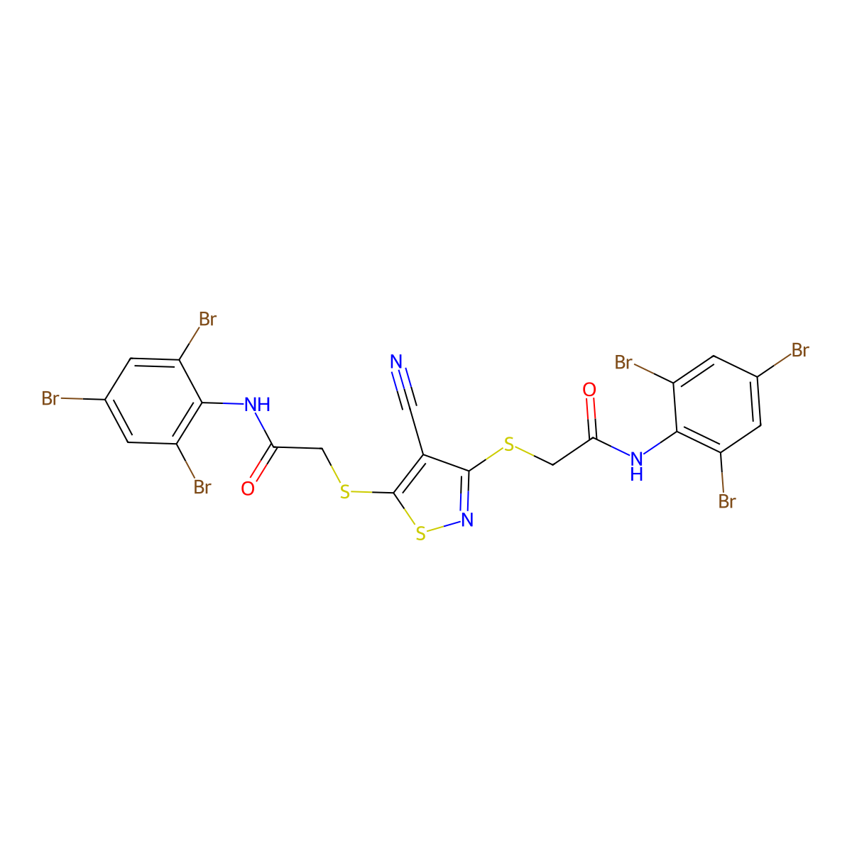 2-[[4-cyano-3-[2-oxo-2-(2,4,6-tribromoanilino)ethyl]sulfanyl-1,2-thiazol-5-yl]sulfanyl]-N-(2,4,6-tribromophenyl)acetamide molecular structure, CAS 328072-26-0