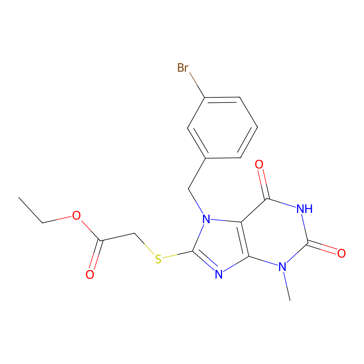 ethyl {[7-(3-bromobenzyl)-3-methyl-2,6-dioxo-2,3,6,7-tetrahydro-1H-purin-8-yl]sulfanyl}acetate molecular structure, CAS 328072-34-0