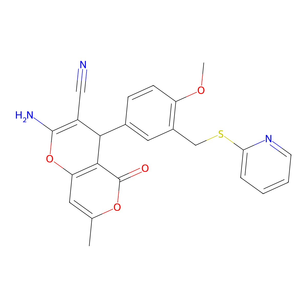 2-amino-4-{4-methoxy-3-[(2-pyridinylsulfanyl)methyl]phenyl}-7-methyl-5-oxo-4H,5H-pyrano[4,3-b]pyran-3-carbonitrile molecular structure, CAS 328072-43-1