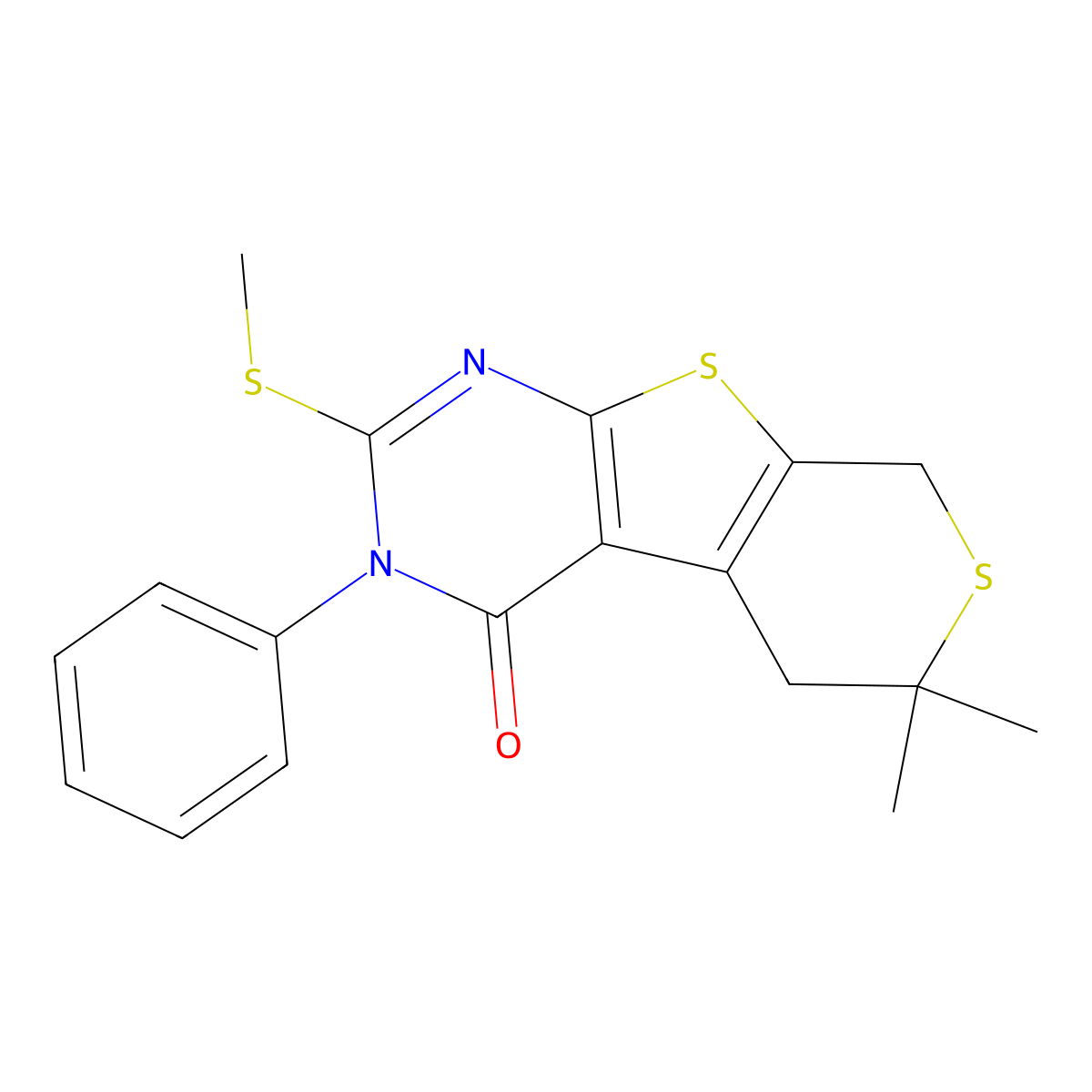 6,6-Dimethyl-2-methylsulfanyl-3-phenyl-5,8-dihydrothiopyrano[2,3]thieno[2,4-b]pyrimidin-4-one molecular structure, CAS 328072-50-0