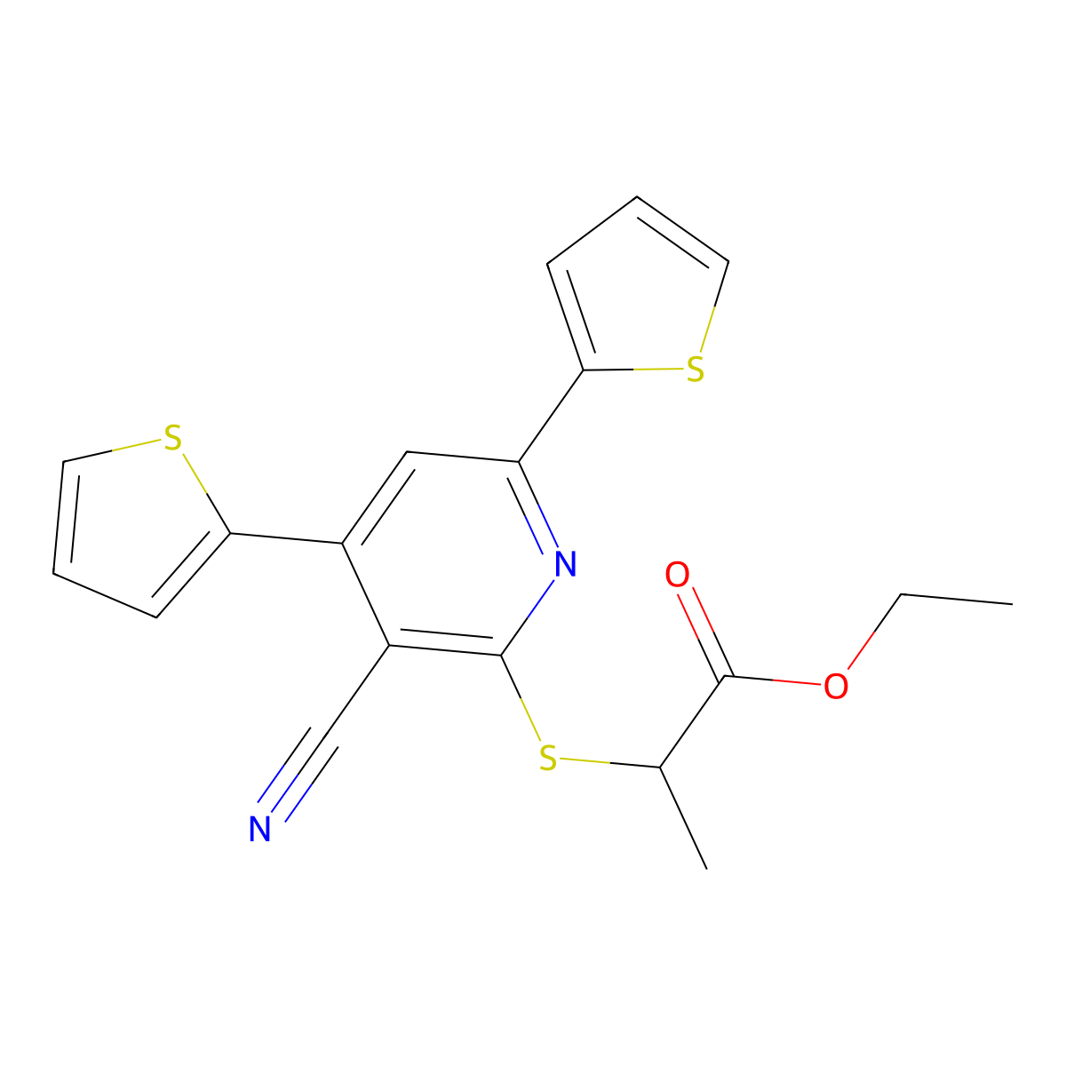 Ethyl 2-((3-cyano-4,6-di(thiophen-2-yl)pyridin-2-yl)thio)propanoate molecular structure, CAS 328072-65-7