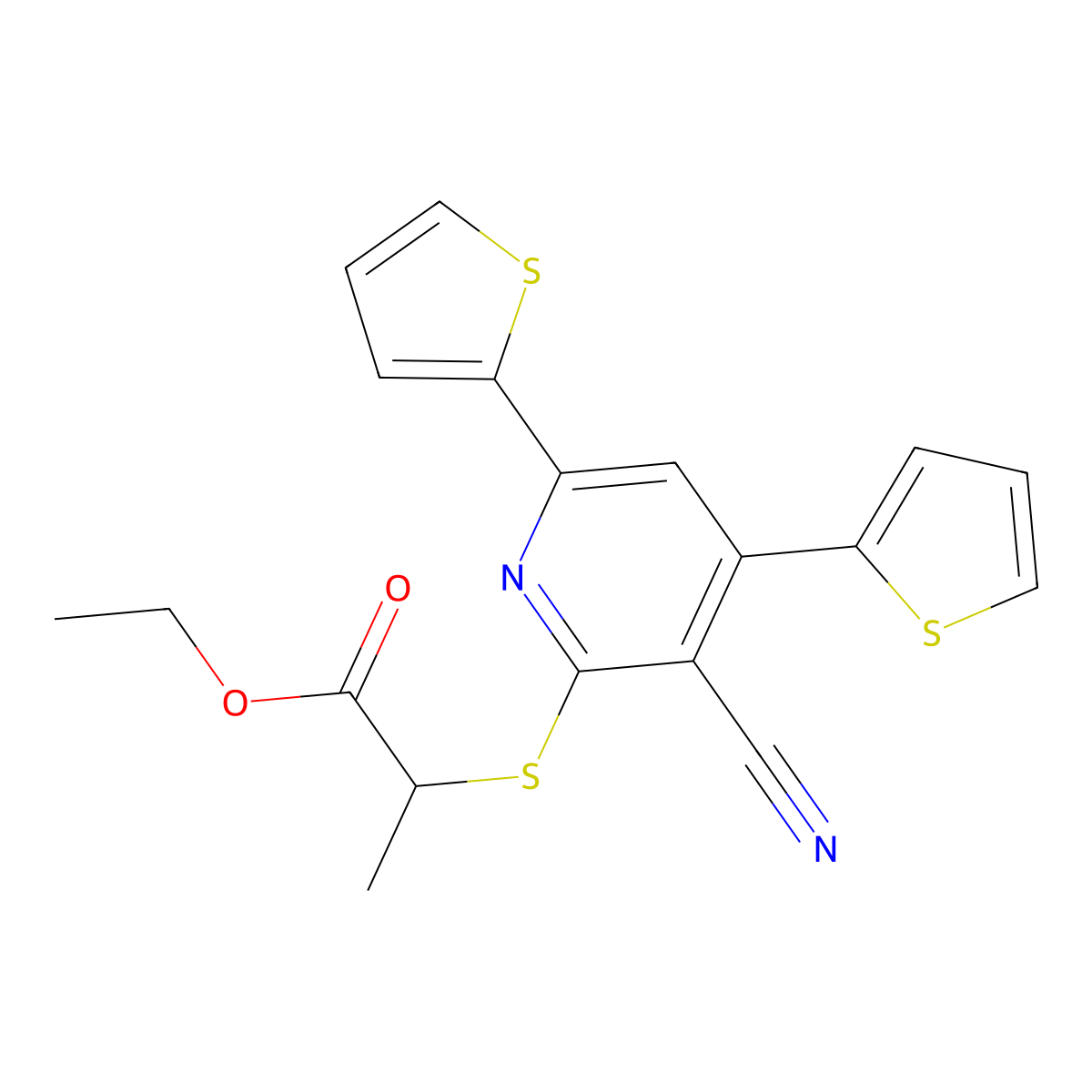 Ethyl 2-((3-cyano-4,6-di(thiophen-2-yl)pyridin-2-yl)thio)propanoate molecular structure, CAS 328072-65-7