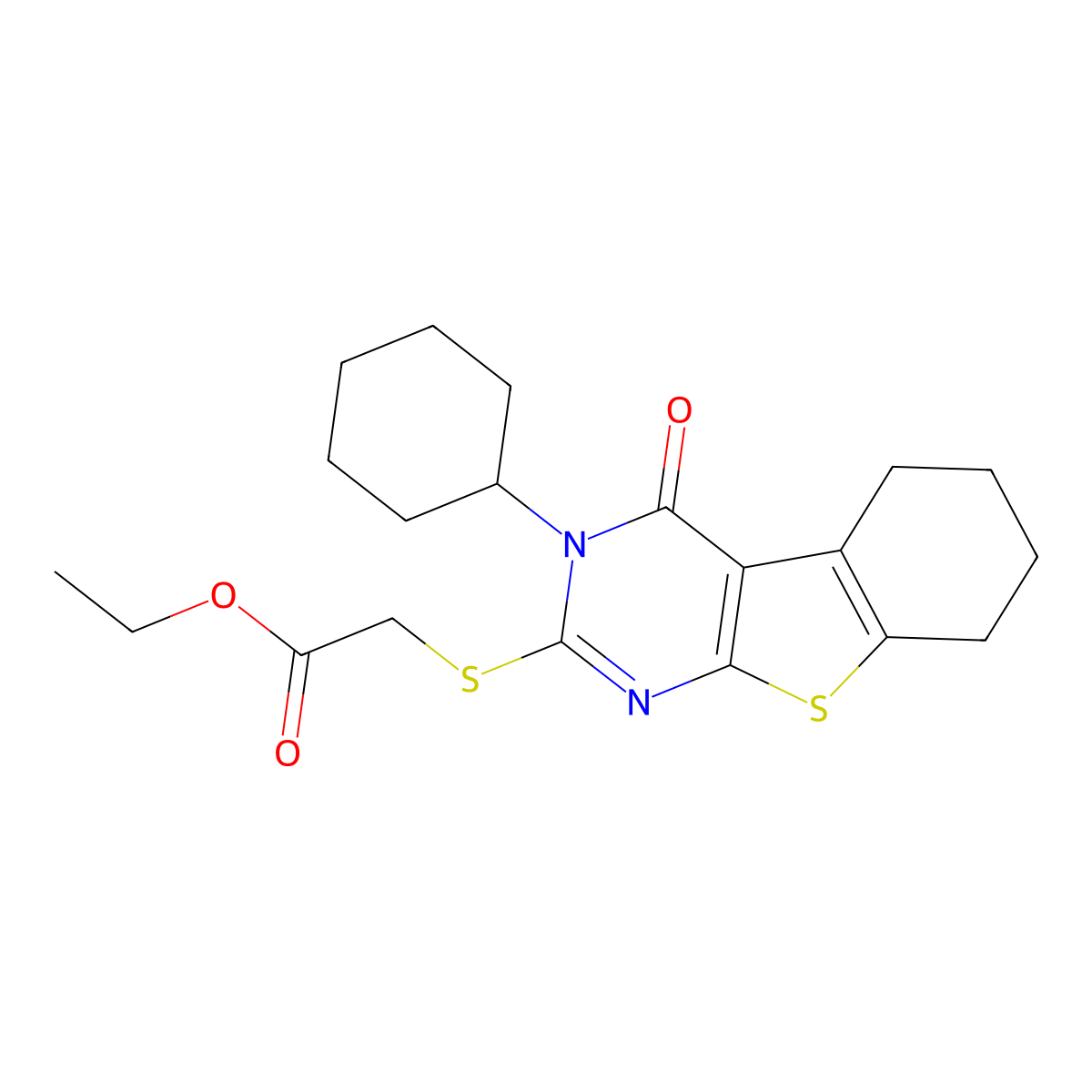 Ethyl [(3-cyclohexyl-4-oxo-3,4,5,6,7,8-hexahydro[1]benzothieno[2,3-d]pyrimidin-2-yl)sulfanyl]acetate molecular structure, CAS 328072-81-7