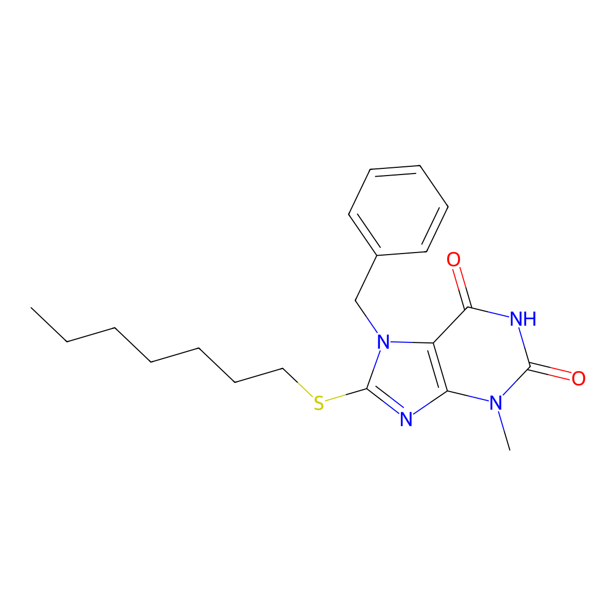 7-benzyl-8-(heptylsulfanyl)-3-methyl-3,7-dihydro-1H-purine-2,6-dione molecular structure, CAS 328072-82-8