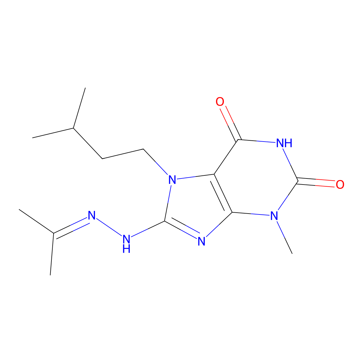 3-Methyl-7-(3-methylbutyl)-8-(2-propan-2-ylidenehydrazinyl)purine-2,6-dione molecular structure, CAS 328117-66-4