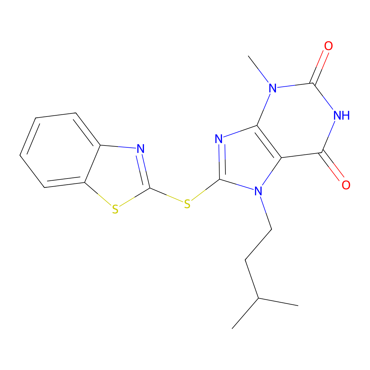 8-(Benzothiazol-2-ylsulfanyl)-3-methyl-7-(3-methyl-butyl)-3,7-dihydro-purine-2,6-dione molecular structure, CAS 328117-67-5