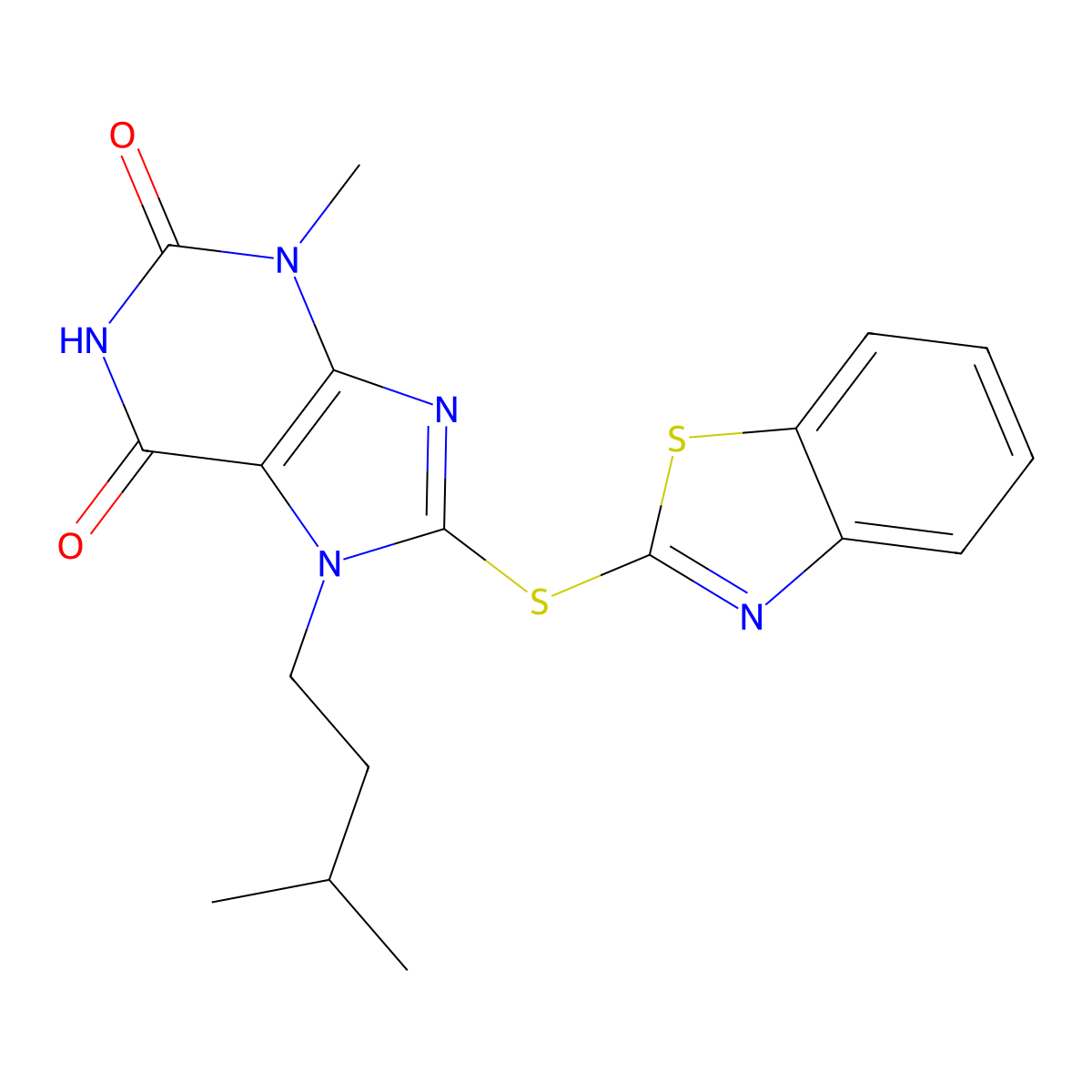 8-(Benzothiazol-2-ylsulfanyl)-3-methyl-7-(3-methyl-butyl)-3,7-dihydro-purine-2,6-dione molecular structure, CAS 328117-67-5