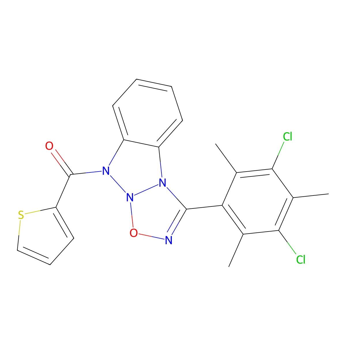 (3-(3,5-dichloro-2,4,6-trimethylphenyl)-9H-benzo[4,5][1,2,3]triazolo[2,1-b][1,2,3,5]oxatriazol-9-yl)(thiophen-2-yl)methanone molecular structure, CAS 328119-08-0
