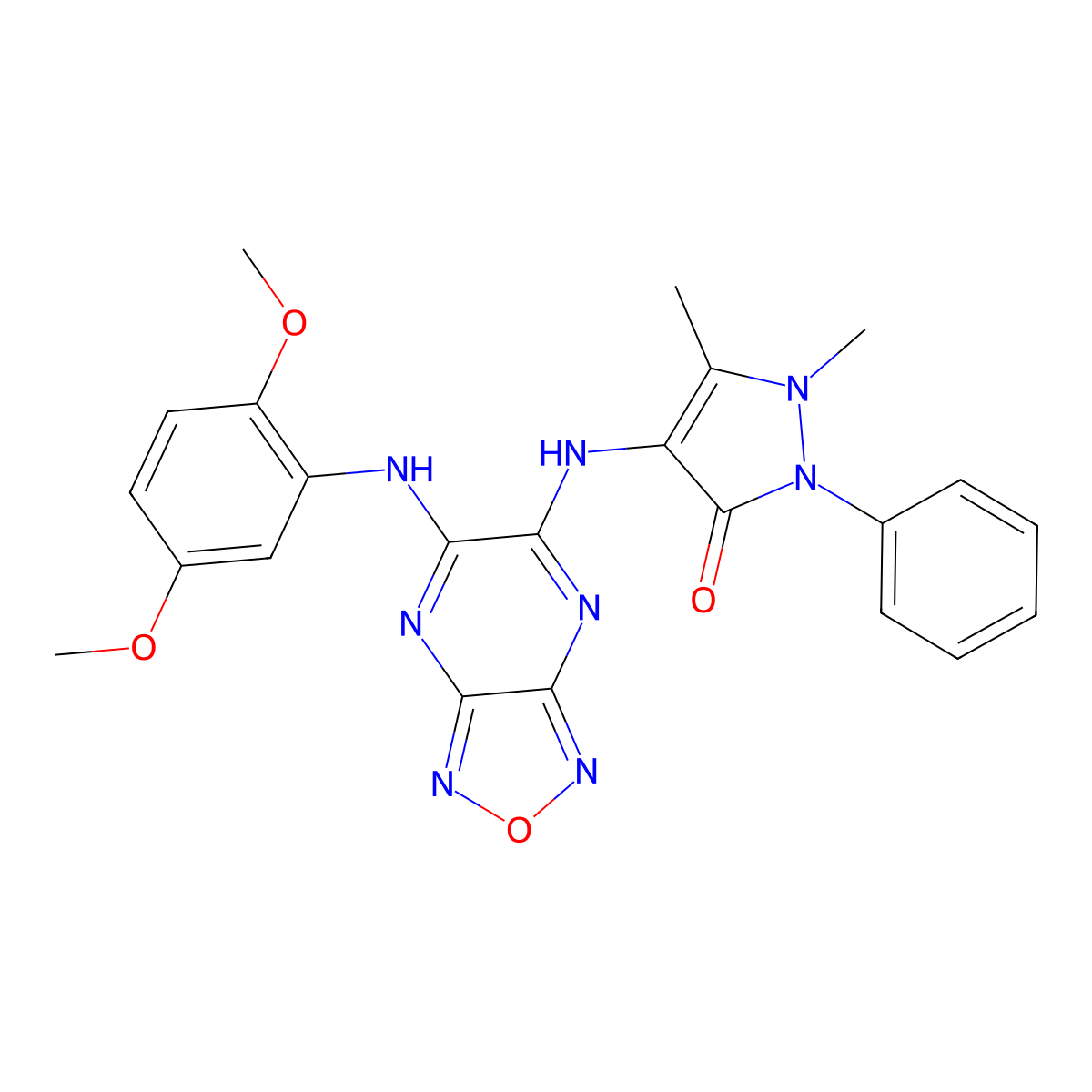 4-[[6-(2,5-Dimethoxyanilino)-[1,2,5]oxadiazolo[3,4-b]pyrazin-5-yl]amino]-1,5-dimethyl-2-phenylpyrazol-3-one molecular structure, CAS 328243-57-8