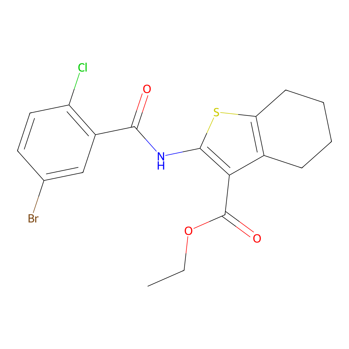 Ethyl 2-[(5-bromo-2-chlorobenzoyl)amino]-4,5,6,7-tetrahydro-1-benzothiophene-3-carboxylate molecular structure, CAS 328253-30-1