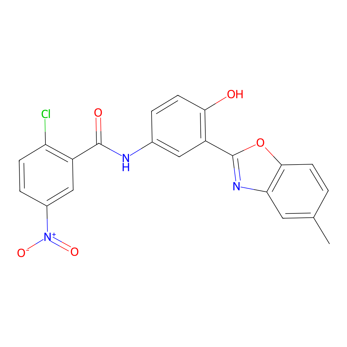 2-chloro-N-[4-hydroxy-3-(5-methyl-1,3-benzoxazol-2-yl)phenyl]-5-nitrobenzamide molecular structure, CAS 328255-07-8