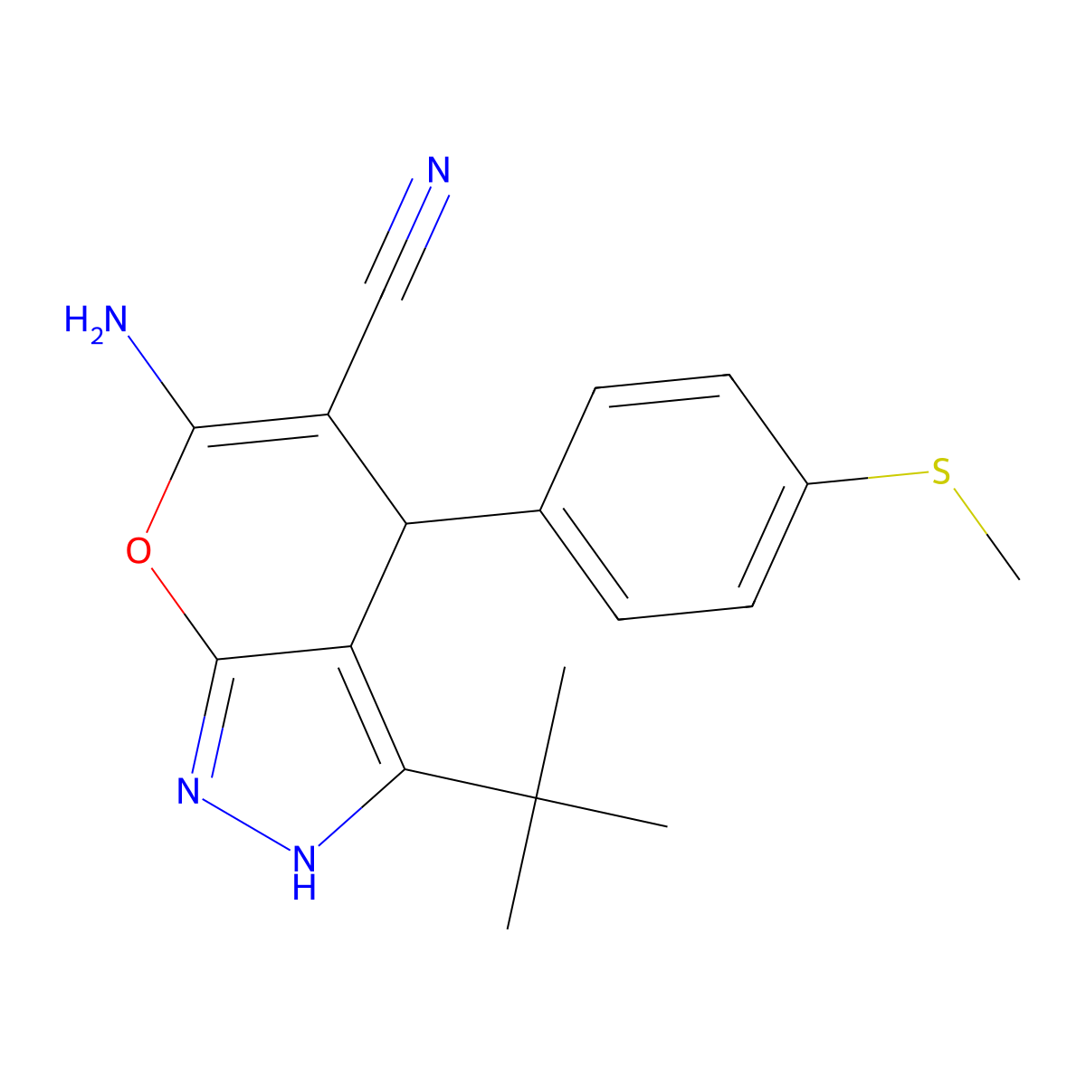 6-Amino-3-(tert-butyl)-4-[4-(methylsulfanyl)phenyl]-1,4-dihydropyrano[2,3-c]pyrazole-5-carbonitrile molecular structure, CAS 328261-37-6