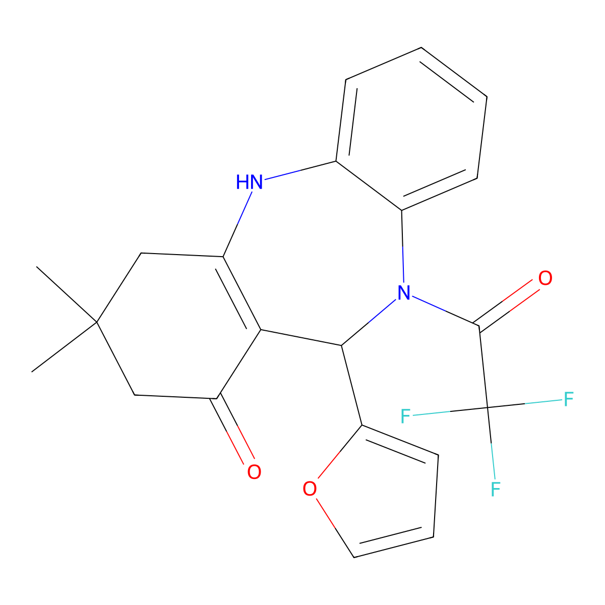 6-(2-Furyl)-9,9-dimethyl-5-(2,2,2-trifluoroacetyl)-6,8,10,11-tetrahydrobenzo[b][1,4]benzodiazepin-7-one molecular structure, CAS 328262-02-8