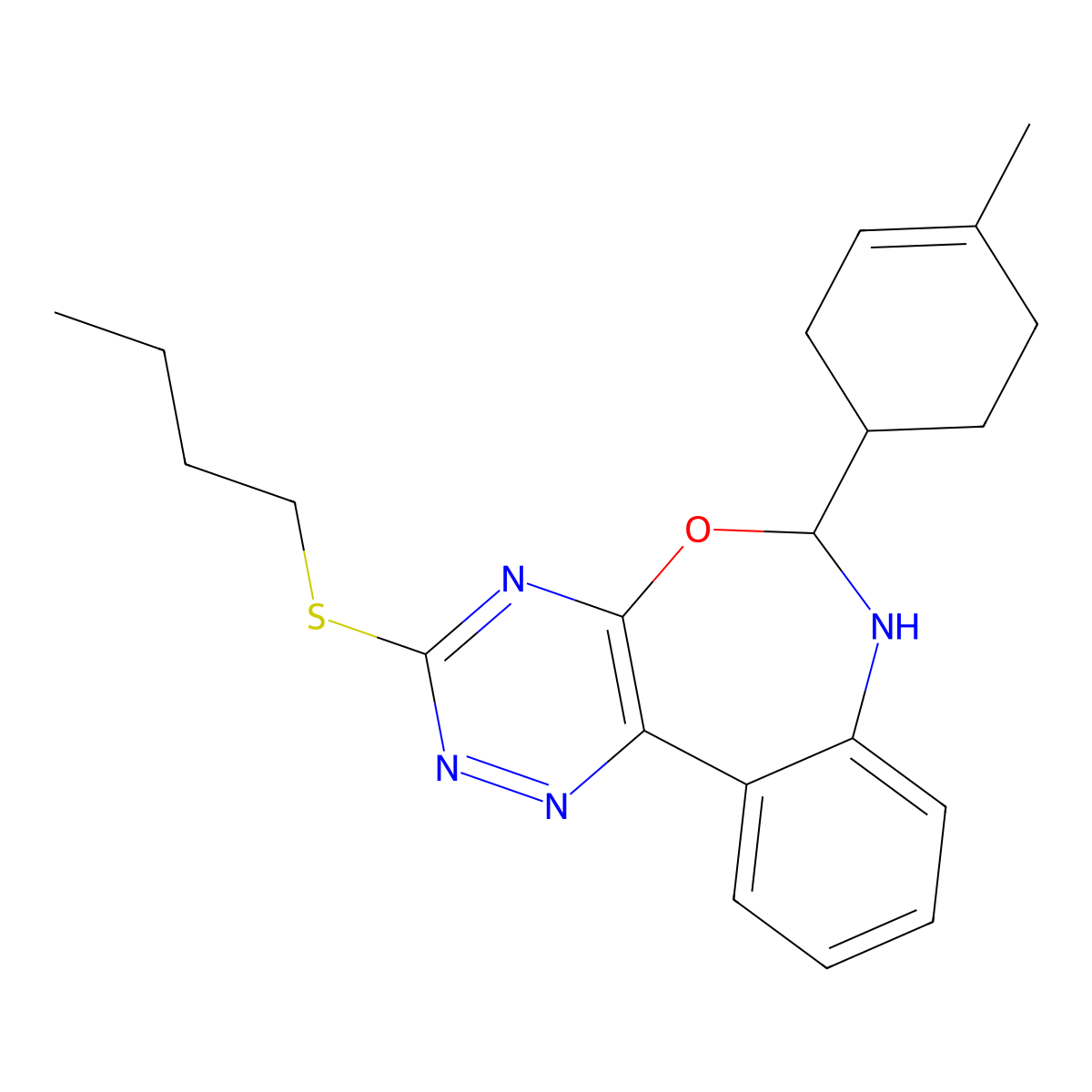 3-Butylsulfanyl-6-(4-methylcyclohex-3-en-1-yl)-6,7-dihydro-[1,2,4]triazino[5,6-d][3,1]benzoxazepine molecular structure, CAS 328271-79-0