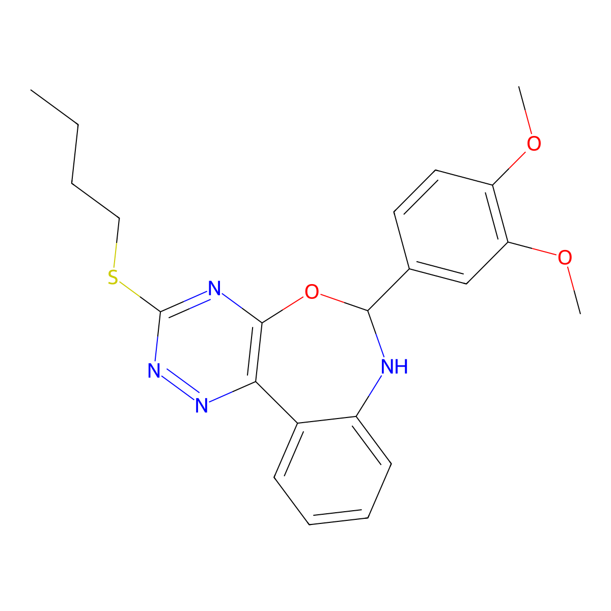 3-Butylsulfanyl-6-(3,4-dimethoxyphenyl)-6,7-dihydro-[1,2,4]triazino[5,6-d][3,1]benzoxazepine molecular structure, CAS 328272-06-6