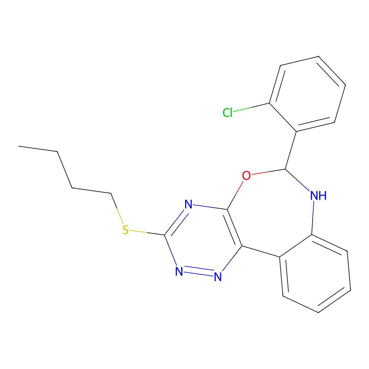 3-Butylsulfanyl-6-(2-chlorophenyl)-6,7-dihydro-[1,2,4]triazino[5,6-d][3,1]benzoxazepine molecular structure, CAS 328272-12-4