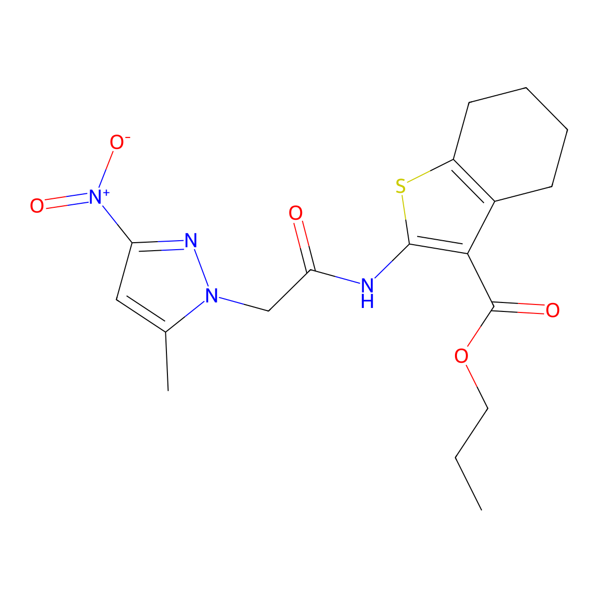 Propyl 2-[[2-(5-methyl-3-nitropyrazol-1-yl)acetyl]amino]-4,5,6,7-tetrahydro-1-benzothiophene-3-carboxylate molecular structure, CAS 328277-49-2