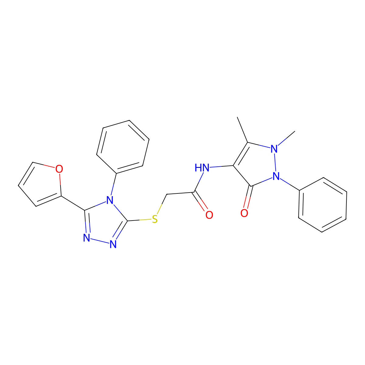 N-(1,5-dimethyl-3-oxo-2-phenylpyrazol-4-yl)-2-[[5-(furan-2-yl)-4-phenyl-1,2,4-triazol-3-yl]sulfanyl]acetamide molecular structure, CAS 328281-66-9