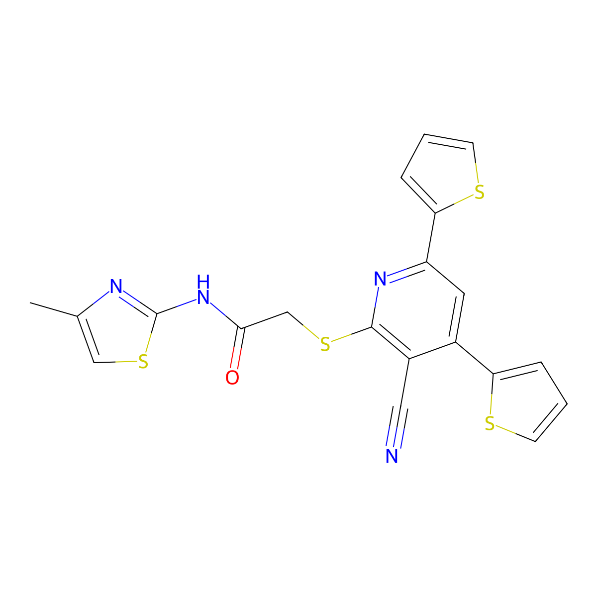 2-(3-cyano-4,6-dithiophen-2-ylpyridin-2-yl)sulfanyl-N-(4-methyl-1,3-thiazol-2-yl)acetamide molecular structure, CAS 328281-99-8