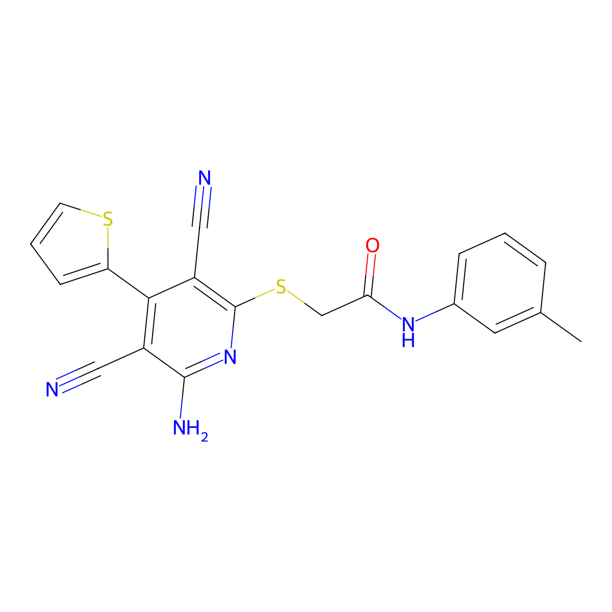 2-{[6-amino-3,5-dicyano-4-(thiophen-2-yl)pyridin-2-yl]sulfanyl}-N-(3-methylphenyl)acetamide molecular structure, CAS 328282-19-5