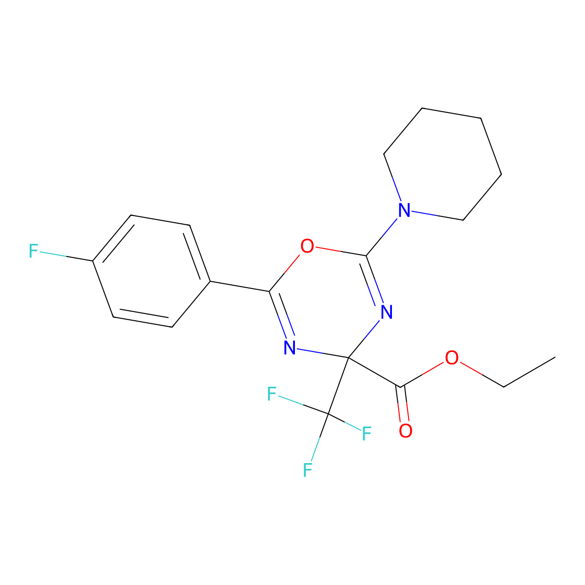 ethyl 2-(4-fluorophenyl)-6-(piperidin-1-yl)-4-(trifluoromethyl)-4H-1,3,5-oxadiazine-4-carboxylate molecular structure, CAS 328282-80-0