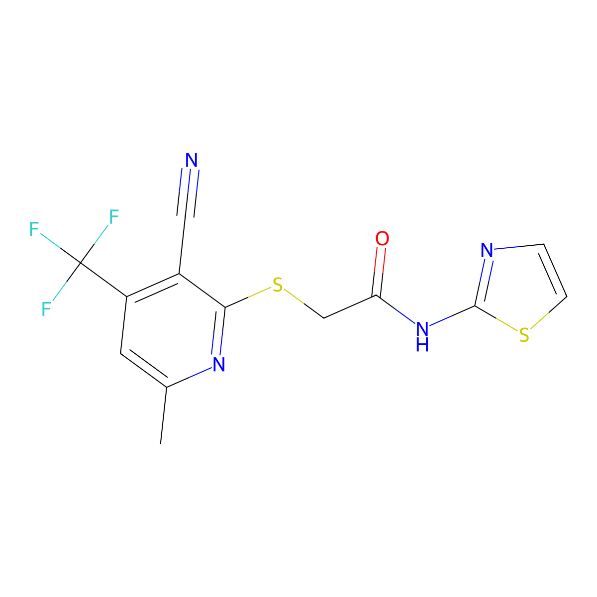 2-{[3-cyano-6-methyl-4-(trifluoromethyl)pyridin-2-yl]sulfanyl}-N-(1,3-thiazol-2-yl)acetamide molecular structure, CAS 328285-72-9