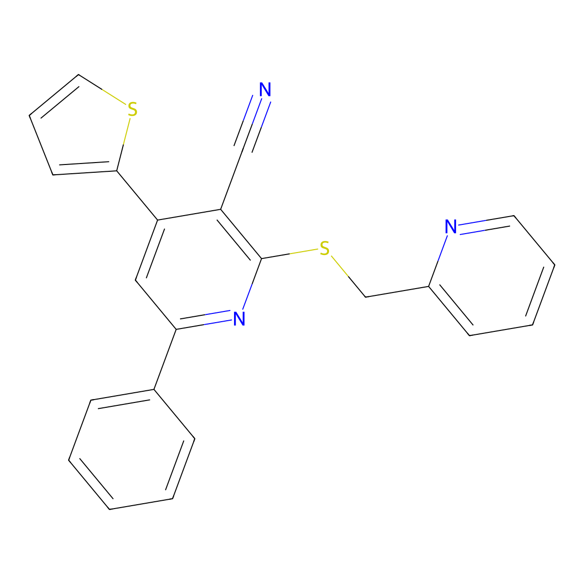 6-Phenyl-2-(pyridin-2-ylmethylsulfanyl)-4-thiophen-2-ylpyridine-3-carbonitrile molecular structure, CAS 328286-80-2