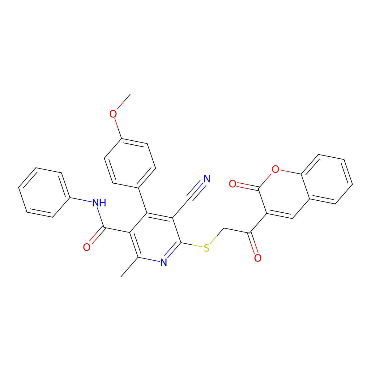 5-cyano-4-(4-methoxyphenyl)-2-methyl-6-[2-oxo-2-(2-oxochromen-3-yl)ethyl]sulfanyl-N-phenylpyridine-3-carboxamide molecular structure, CAS 328540-15-4
