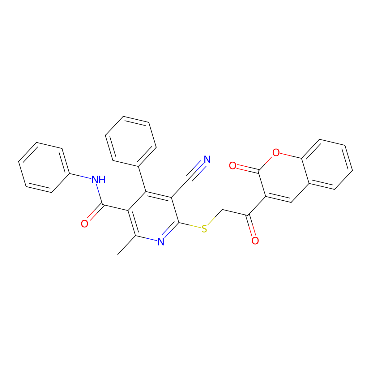 5-cyano-2-methyl-6-{[2-oxo-2-(2-oxo-2H-chromen-3-yl)ethyl]sulfanyl}-N,4-diphenylpyridine-3-carboxamide molecular structure, CAS 328540-20-1