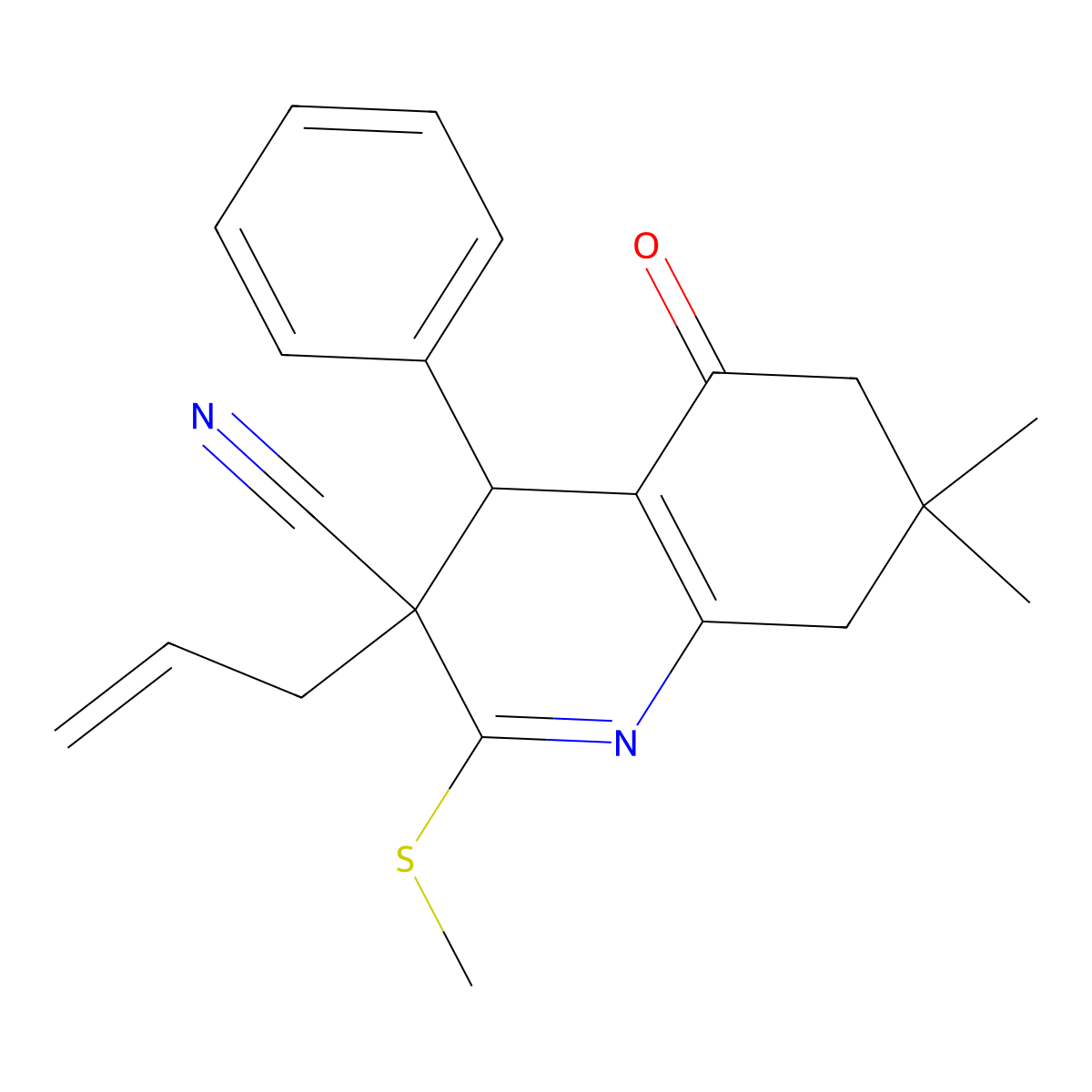 3-Allyl-7,7-dimethyl-2-methylsulfanyl-5-oxo-4-phenyl-3,4,5,6,7,8-hexahydro-quinoline-3-carbonitrile molecular structure, CAS 328540-22-3