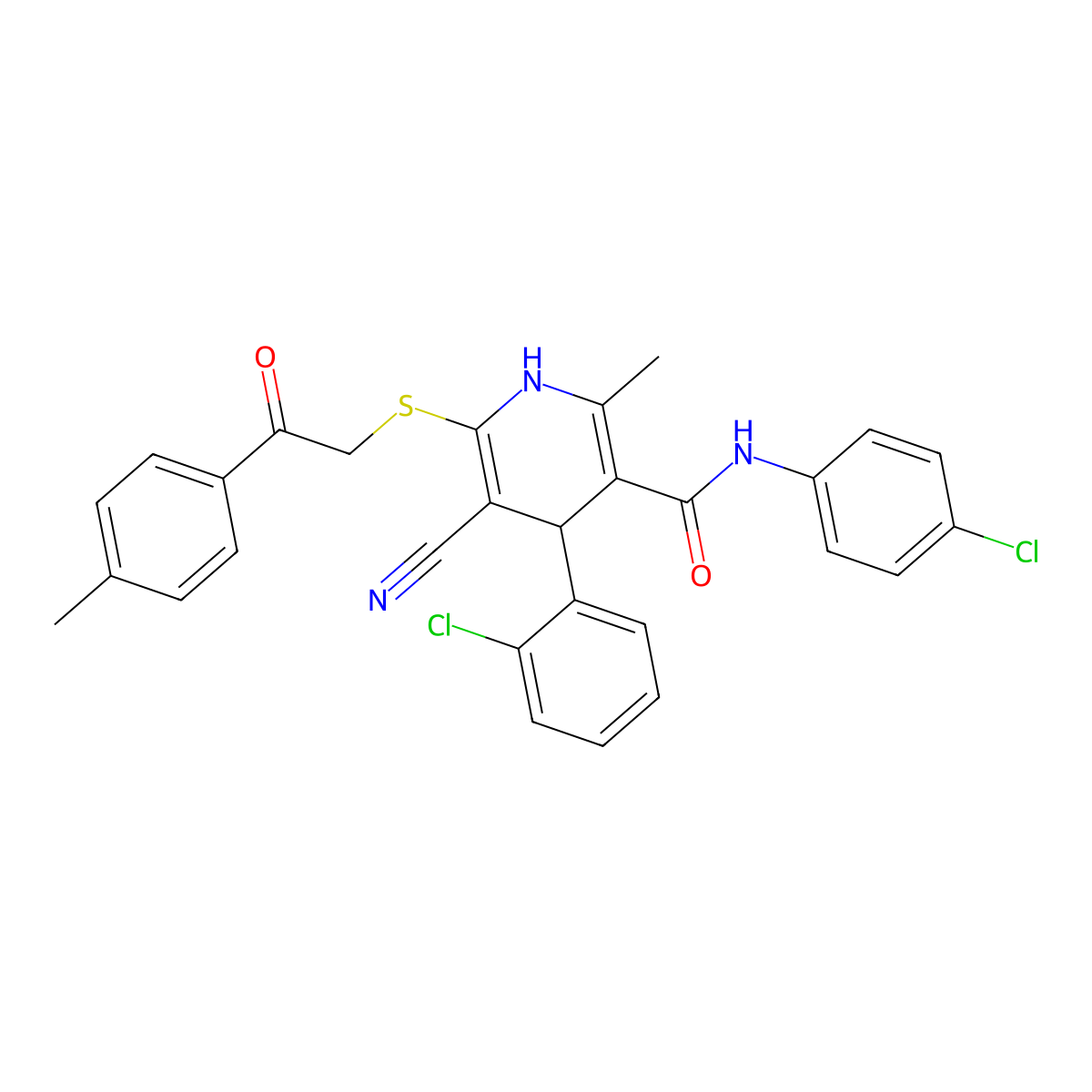 4-(2-chlorophenyl)-N-(4-chlorophenyl)-5-cyano-2-methyl-6-[2-(4-methylphenyl)-2-oxoethyl]sulfanyl-1,4-dihydropyridine-3-carboxamide molecular structure, CAS 328540-29-0
