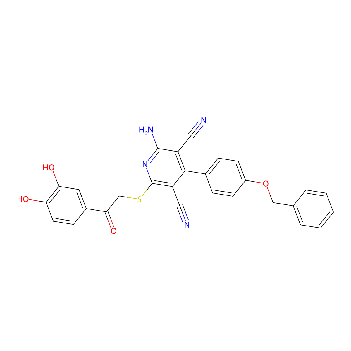 2-Amino-6-[2-(3,4-dihydroxyphenyl)-2-oxoethyl]sulfanyl-4-(4-phenylmethoxyphenyl)pyridine-3,5-dicarbonitrile molecular structure, CAS 328540-31-4
