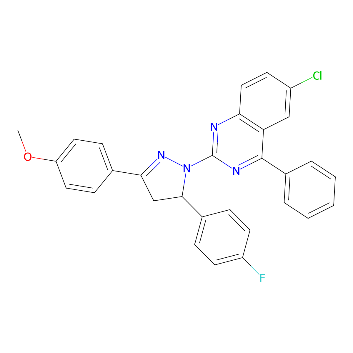 6-chloro-2-[5-(4-fluorophenyl)-3-(4-methoxyphenyl)-4,5-dihydro-1H-pyrazol-1-yl]-4-phenylquinazoline molecular structure, CAS 328556-49-6