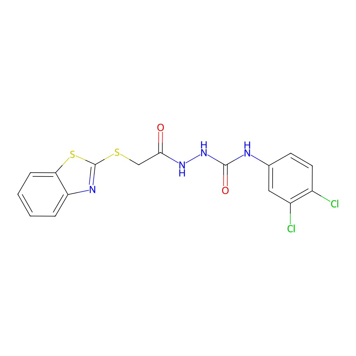 2-benzothiazol-2-ylthio-N-{[N-(3,4-dichlorophenyl)carbamoyl]amino}acetamide molecular structure, CAS 328556-63-4