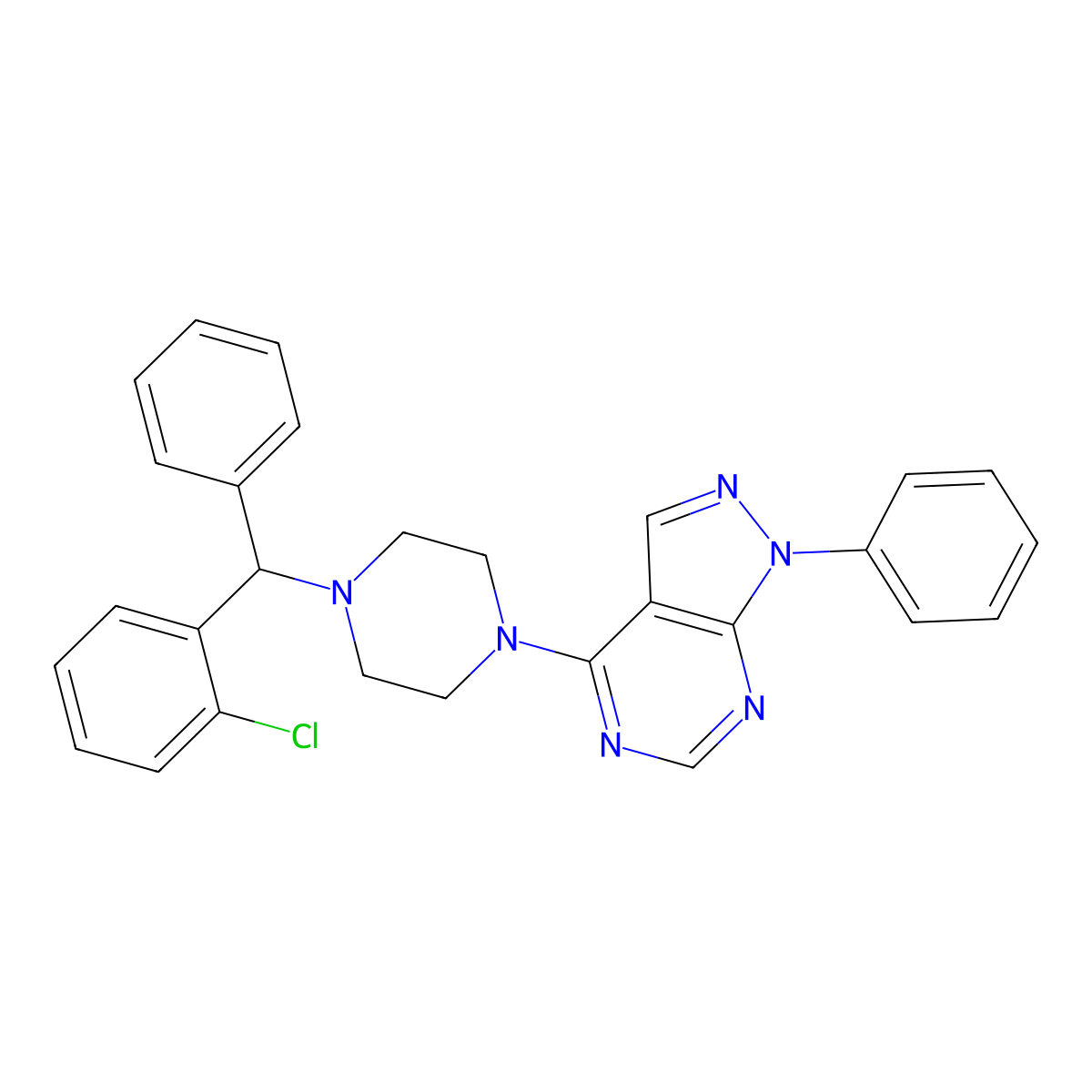4-[4-[(2-Chlorophenyl)-phenylmethyl]piperazin-1-yl]-1-phenylpyrazolo[3,4-d]pyrimidine molecular structure, CAS 328556-73-6