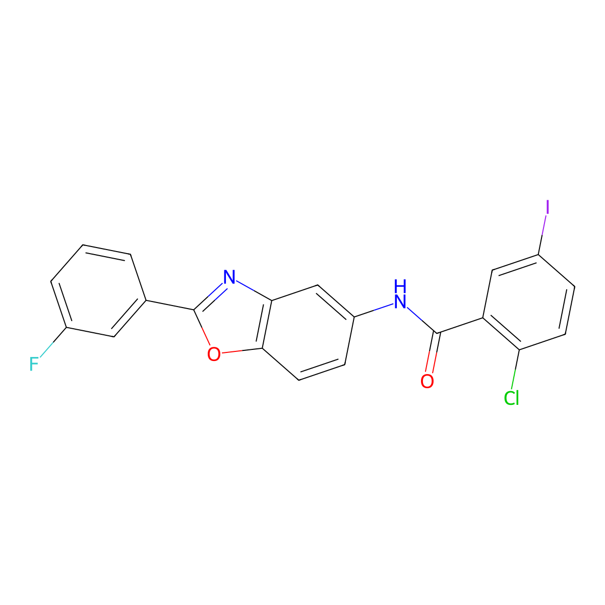 2-chloro-N-[2-(3-fluorophenyl)-1,3-benzoxazol-5-yl]-5-iodobenzamide molecular structure, CAS 328565-24-8
